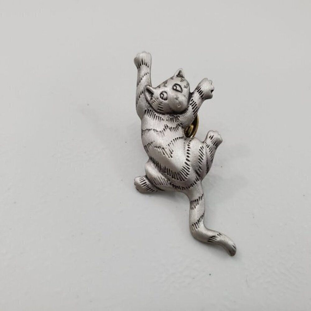 JJ Jonette Cat Pin Silver Tone Animal Tiger‎ Stripe